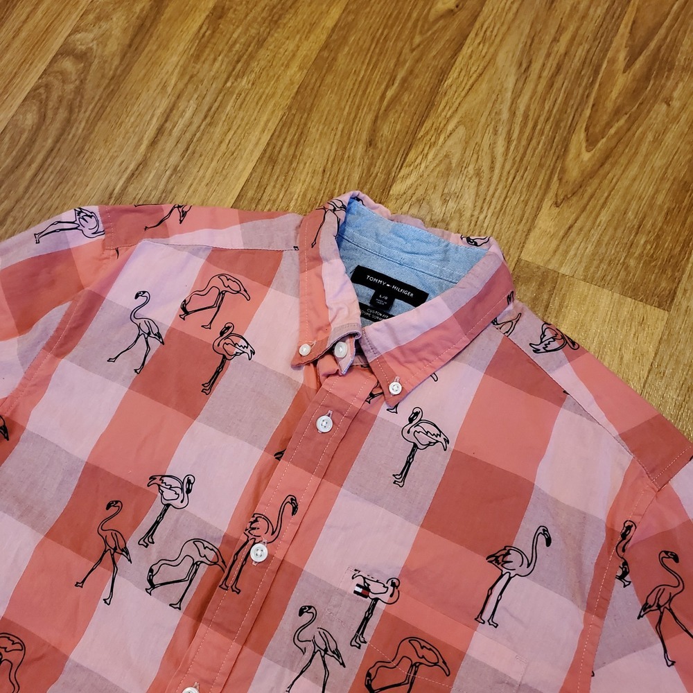 Tommy Hilfiger Flamingo‎ Hawaiian Shirt Men Large Pink Plaid Custom Beach